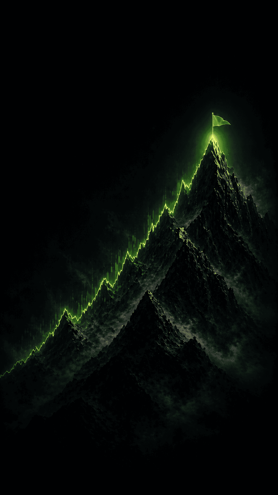 Mountain with glowing stock chart line climbing to the peak