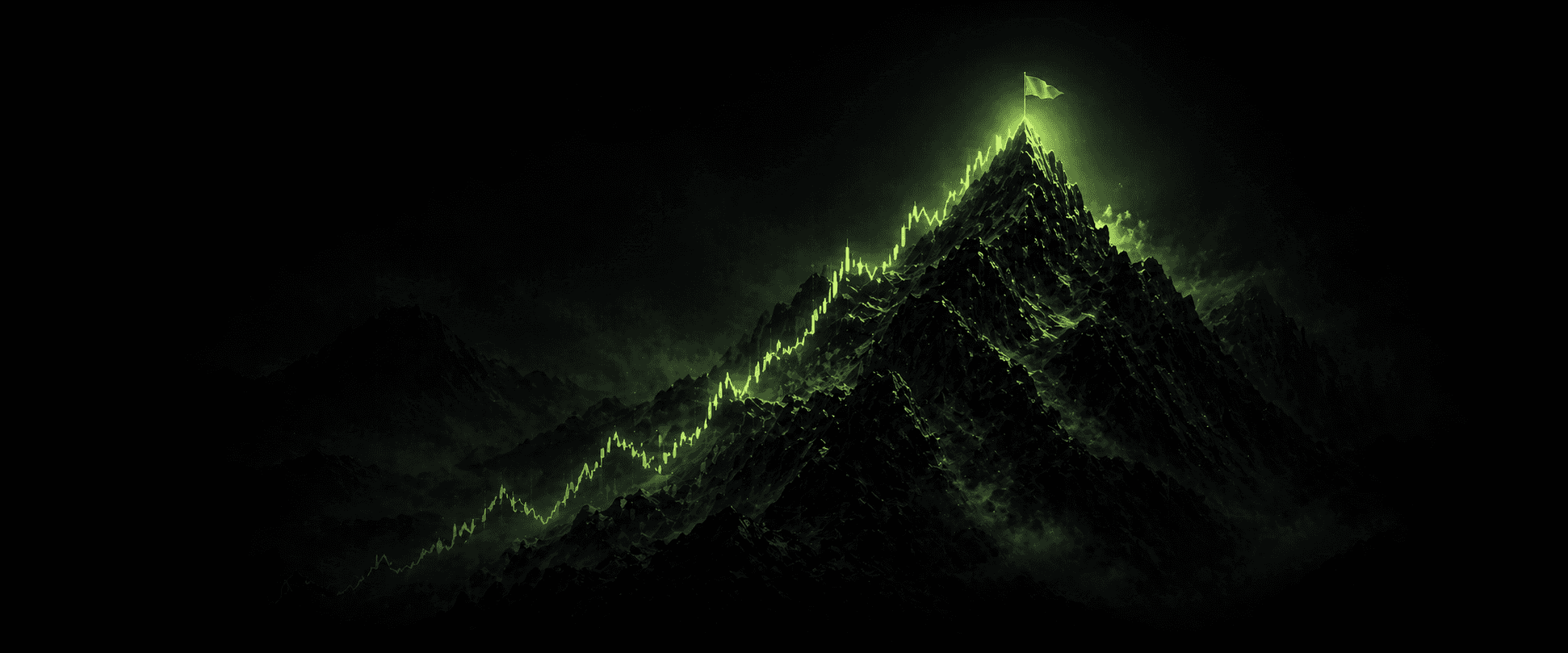 Mountain with glowing stock chart line climbing to the peak